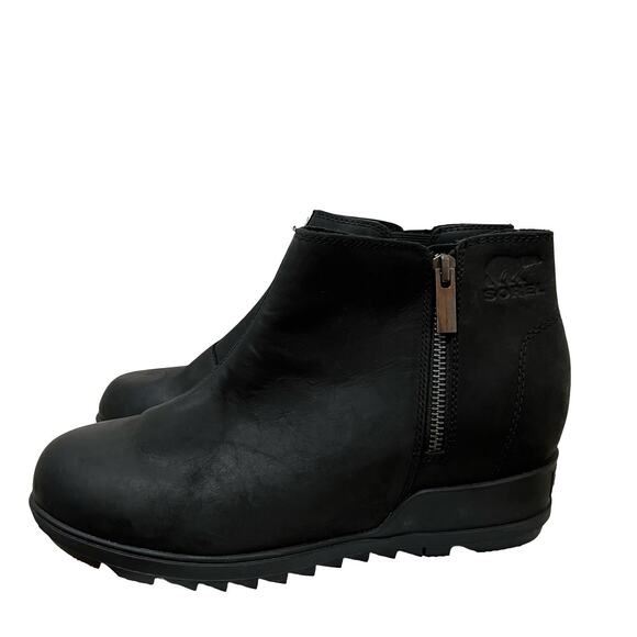 SOREL Womens Evie II Zip Waterproof Wedge Ankle Boots Szie 9.5 Black Side Zip - Picture 1 of 11